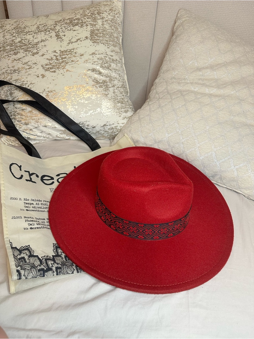 Red Wide-Brim Fedora Hat with Embroidered Band